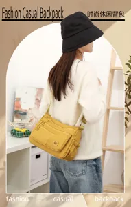 Vue de dos d’un modèle portant un sac bandoulière jaune à plusieurs poches et sangle réglable