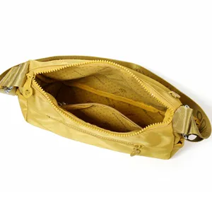 Borsa a tracolla gialla in nylon da donna, aperta con spallaccio regolabile e tasche interne