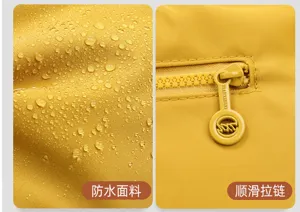 Gros plan sur des gouttes d’eau sur tissu jaune imperméable et fermeture éclair assortie