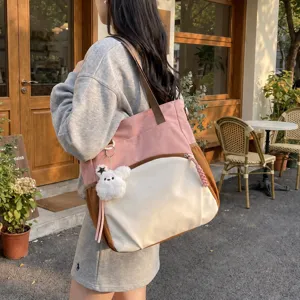 Sac Cabas en Nylon Colorblock pour Femmes Grande Capacité Sac à Bandoulière Décontracté Sac à Main Étudiant Sac de Navette Quotidien Polyvalent
