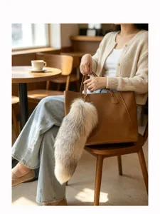 Woman holding a brown tote with a long gray-white furry tail charm in a warm café setting
