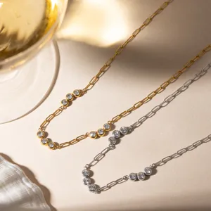 Collier Chaîne Trombone en Acier Inoxydable à la Mode pour Femmes Choker à Maillons en Strass Sertis Clos Or Argent