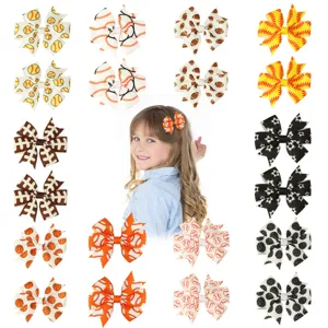 Girls Cute Sports Theme Bow Hair Clips Polyester Ribbon Print Baseball Soccer Football Cheerleading Accessories For Kids