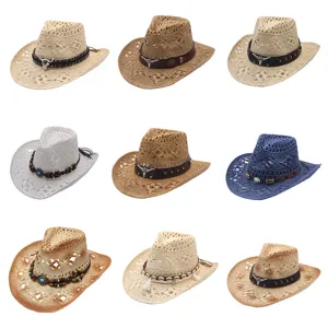 Hand Woven Hollow Out Straw Cowboy Hat For Women Men Sun Protection Wide Brim Beach Fedora Hat With Bull Head Leather Band Turquoise Decor