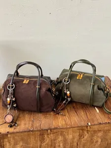 Korean Style Retro Faux Suede Boston Bag Women Minimalist Shoulder Crossbody Bag With Vintage Bead Pendant Ladies Tote Handbag