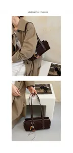 Two views show a brown suede-look bag worn on the shoulder and displayed with wooden charms