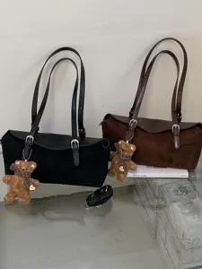 Women Suede Shoulder Bag Retro Minimalist Boston Bag Korean Style Handbag With Teddy Bear Pendant Casual Solid Color Tote Bag