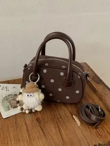 Women's Retro Suede Polka Dot Bowling Bag Fashion Simple Small Square Crossbody Bag With Plush Charm Top Handle Handbag