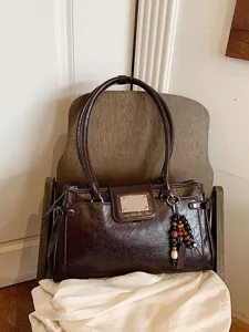 Women Korean Style PU Leather Underarm Bag With Bead Pendant Simple Solid Color Commute Shoulder Bag Light Luxury Handbag Work Daily Bag