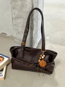 Women Vintage Minimalist Large Capacity Shoulder Bag PU Leather Underarm Tote Bag With Belt Buckle And Wooden Bead Pendant For Daily Work