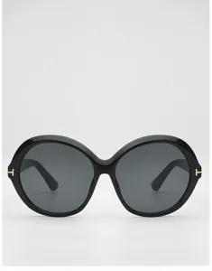 Front view of round black sunglasses with dark gray lenses and small gold T-shaped temple accents