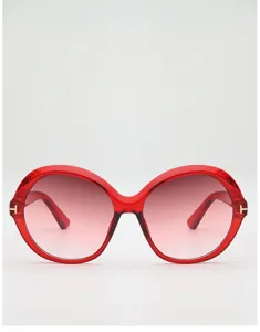 Front view of translucent red round frames with pink gradient lenses and gold T-shaped hinges