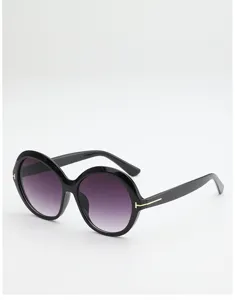 Black round frames, three-quarter view, purple-gray gradient lenses and metallic T-shaped accents