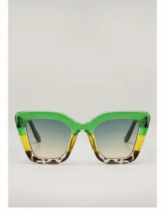 Vue de face de lunettes aux montures vertes et jaunes, motif léopard et verres dégradés