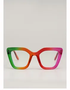 Vue de face de lunettes œil-de-chat, avec monture dégradée du vert à l’orange et du rouge au rose