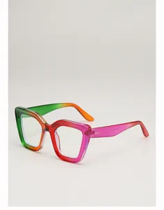 Vue détaillée de lunettes carrées œil-de-chat avec monture dégradée verte, orange, rouge et rose