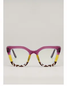 Vue de face des verres transparents et de la monture violette et jaune avec motifs léopard bruns