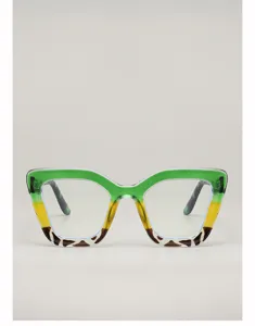 Vue de face de la monture verte et jaune, avec détails écaille et verres transparents