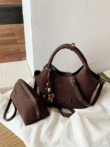 Women Korean Style Suede Bucket Bag Fashion Simple Shoulder Crossbody Bag Polka Dot Pattern Commute Tote Matching Pouch