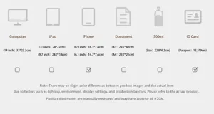 Größentabelle mit Maßen für Laptop, Tablet, Smartphone, Dokumente, Flasche und Reisepass.