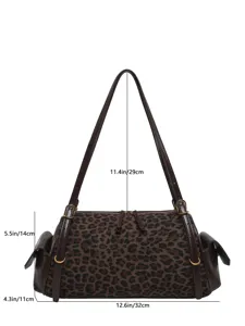 Flat view of a leopard-print bag with dark brown straps and labeled width, height and depth