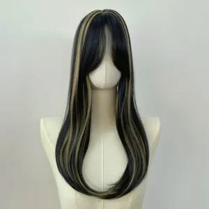 Long straight dark blue-black wig with fine golden highlights and soft fringe on a mannequin