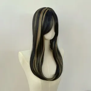 Long, smooth black hair with blonde highlights and soft bangs displayed on a mannequin bust