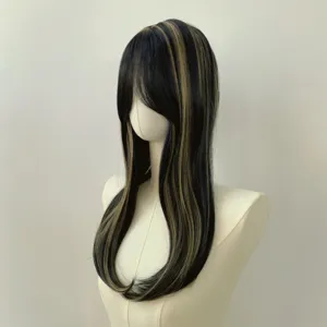 Mannequin view of long dark straight hair with light brown highlights and full bangs