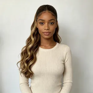 Ritratto in studio di una donna con lunghi capelli mossi castani e mèches bionde su fondo chiaro