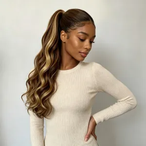 Modella con coda alta e lunghe onde voluminose castane scure con mèches bionde