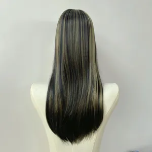 Rear view of a long, straight dark brown wig with fine blonde highlights displayed on a mannequin