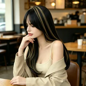 Long, straight black hair with blonde highlights and bangs shown on a model in a softly lit café