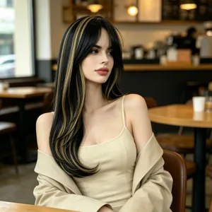 Woman wearing long straight black hair with caramel highlights and fringe, seated in a softly lit café