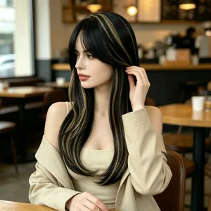 Woman seated in a café gently lifting long black hair with fine blonde highlights and wispy bangs
