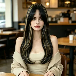 Portrait showing long layered black hair with caramel-blonde highlights and wispy bangs in a café