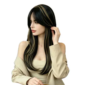 Long straight black wig with bangs and light brown highlights, shown on a model against white