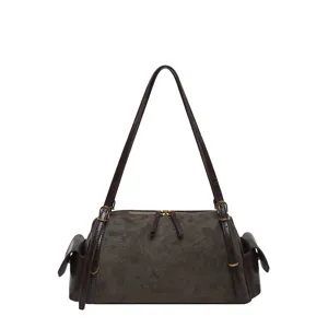 Front view of a dark brown suede-textured shoulder bag with leather straps and zip closure