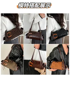 Six-panel collage of shoulder and hand-carry looks, showing a C-shaped buckle and tassel in colors