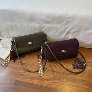 Bolsos de hombro para mujer de ante y piel, verde oliva y marrón oscuro, con cierre metálico