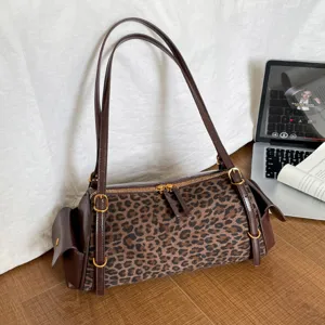 Women's Vintage Leopard Print Shoulder Bag Large Capacity PU Leather Handbag Fashion Niche Casual Underarm Bag Pillow Shape