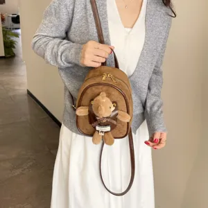 Women Fashion Mini Backpack Faux Suede Teddy Bear Charm Small Shoulder Bag Casual Cartoon Travel Daypack PU Leather Bag