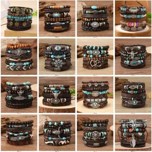 Boheemse Meerlagige Lederen Houten Kralen Gevlochten Armband Set Vintage Etnische Stijl Stierenkop Turkoois Charms Sieraden Voor Vrouwen Mannen