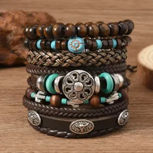 Retro Bohemian Multilayer Braided Bracelet Set For Men Women Sunflower Bull Head Alloy Charms Wood Beads PU Leather Ethnic Jewelry