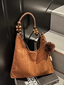 Vintage Suede-Look PU Tote Bag For Women With Wood Bead Handle And Faux Fur Charm Large Capacity Daily Commuter Shoulder Bag