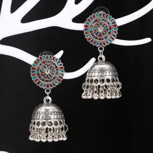 Vintage Ethnische Jhumka Ohrringe Für Damen Legierung Sonnentotem Bunte Emaille Glocke Quaste Ohrhänger Strass Schmuck