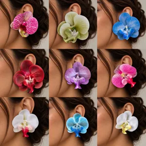 Pendientes Exagerados de Orquídea 3D Grande Flor Simulada Tela de Mezclilla Florales con Poste de Acero Inoxidable Joyería de Moda para Mujer