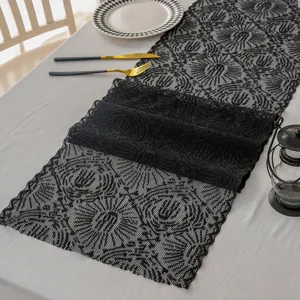 Halloween Table Runner Black Lace Spider Web Ghost Hand Pattern Hollow Out Polyester Decoration For Party Home Dining