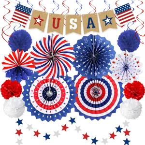 Independence Day Party Decoration Set Red White Blue Paper Fans Pom Poms USA Burlap Banner Patriotic Hanging Swirls For 4th Of July Celebration