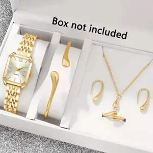 Lussuoso Set di Gioielli Orologio al Quarzo da Donna Cassa Quadrata Dorata Cinturino in Acciaio Inossidabile Collana con Cuore di Strass Orecchini Anelli Accessori di Moda
