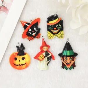 Dubbelzijdige Acryl Halloween Bedeltjes DIY Sieraden Maken Materiaal Voor Oorbellen Ketting Sleutelhanger Retro Kat Pompoen Heks Hangers